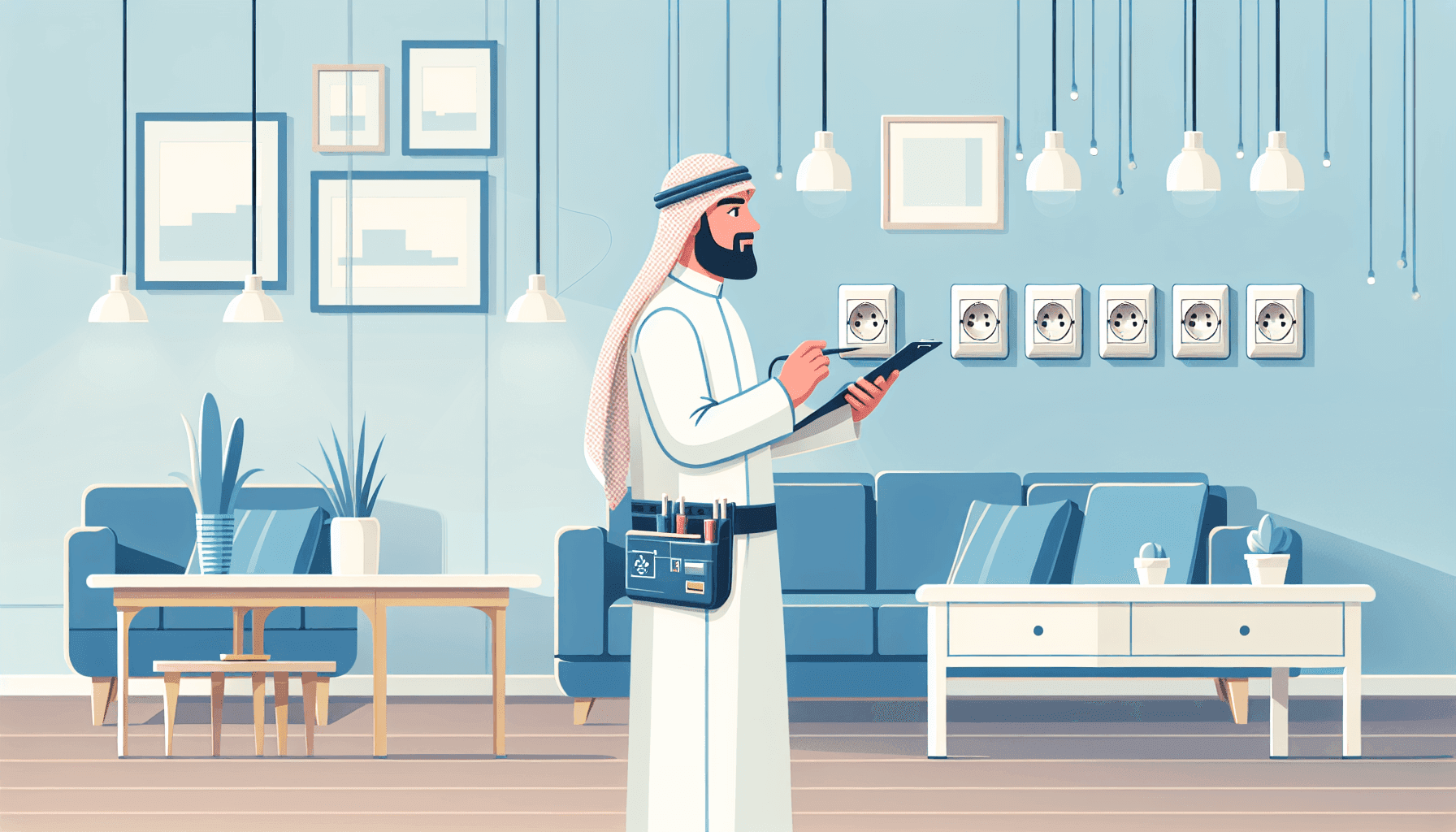 Illustration of a homeowner checking electrical outlets for safety